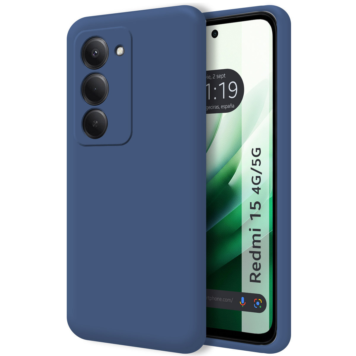 Una custodia blu con uno smartphone all'interno. Lo schermo del telefono mostra la data e l'ora. Il modello del telefono è Redmi 15 4G/5G.
