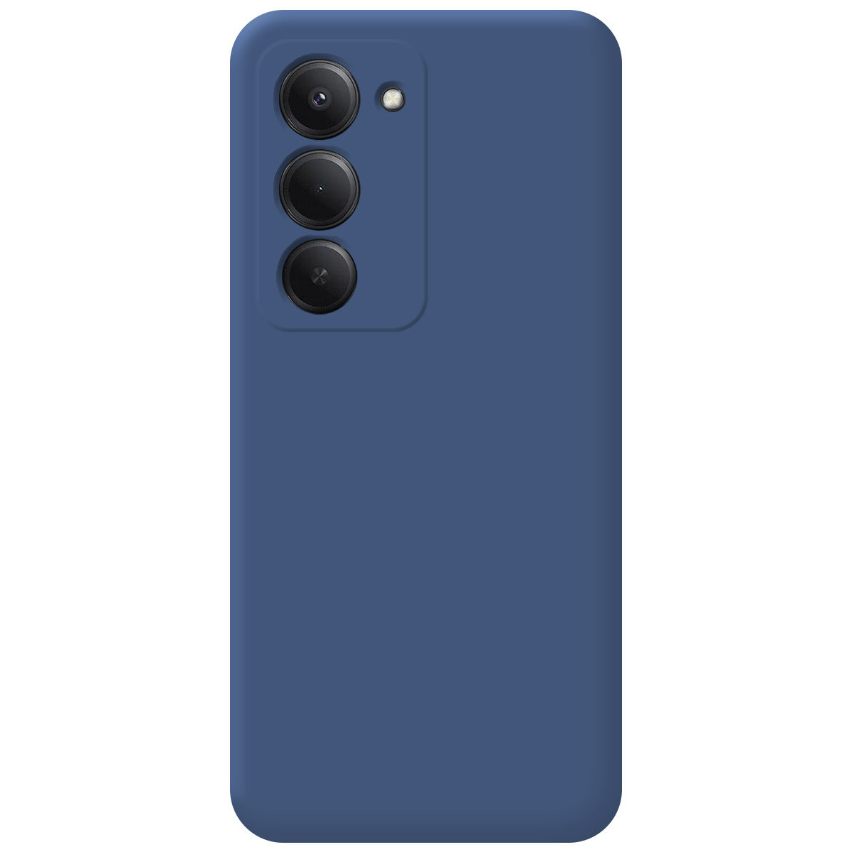 Una custodia blu per telefono con tre lenti e un flash, su sfondo bianco. La custodia è rettangolare con angoli arrotondati.