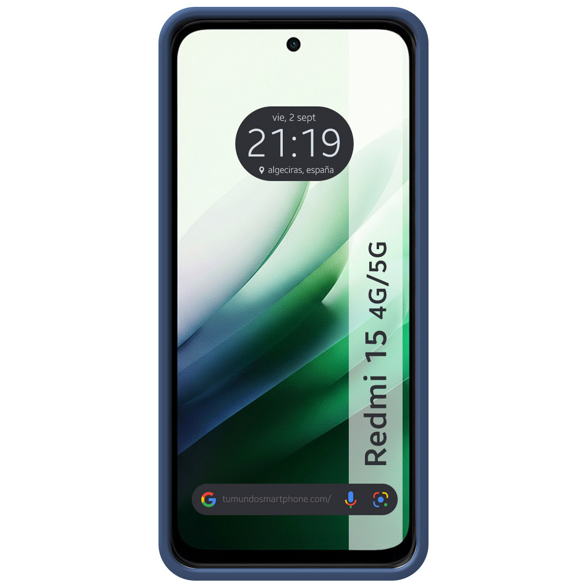 Un telefono blu con uno schermo che mostra l'ora, la data e il luogo. Il telefono ha uno sfondo verde scuro e bianco.