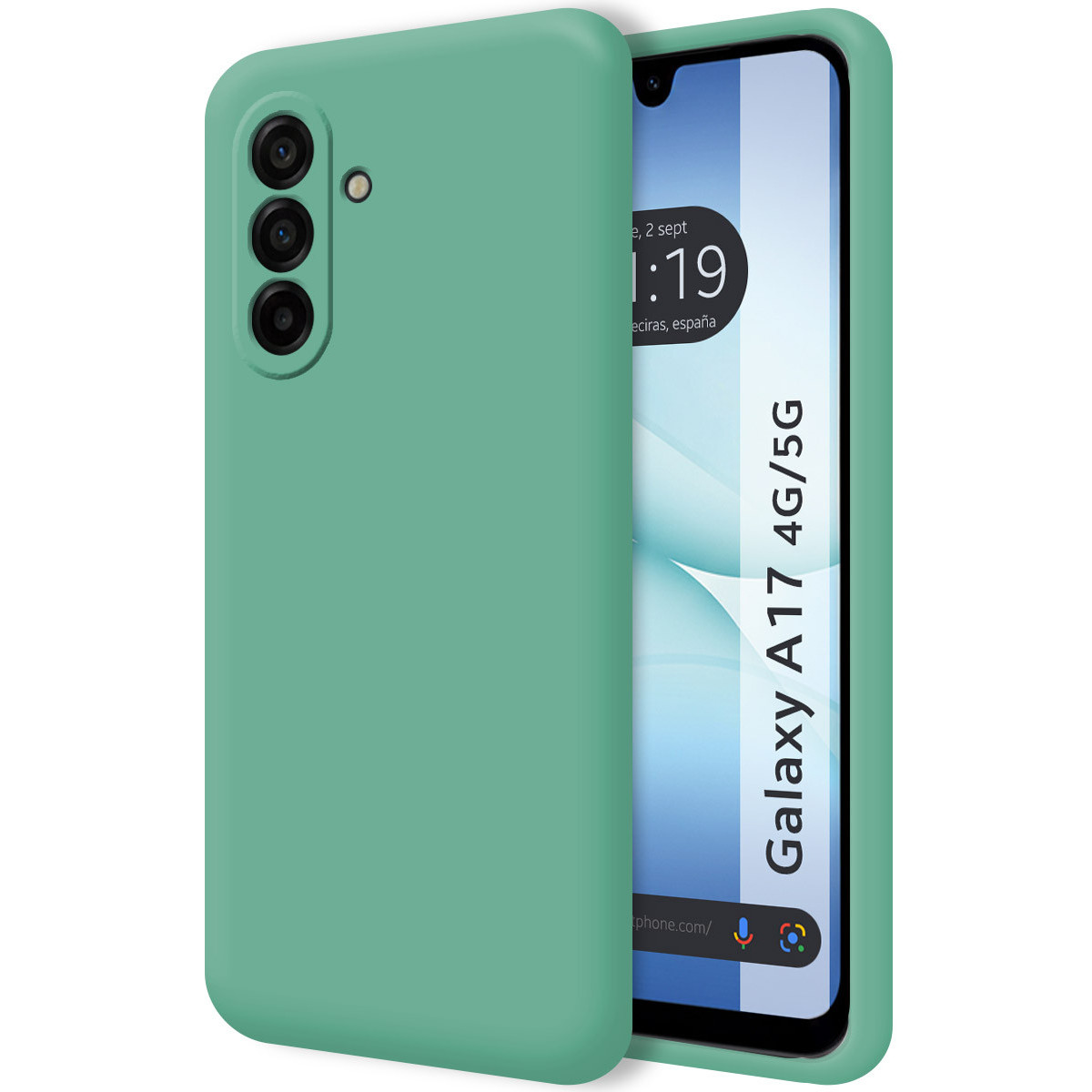 Una custodia verde menta copre parzialmente uno smartphone. Il telefono mostra l'ora e il modello è Galaxy A17 4G/5G.