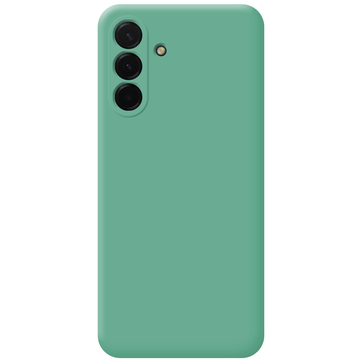 Una custodia per telefono verde acqua con tre obiettivi della fotocamera e un flash, allineati verticalmente in alto a sinistra. Il resto è una superficie verde acqua liscia.