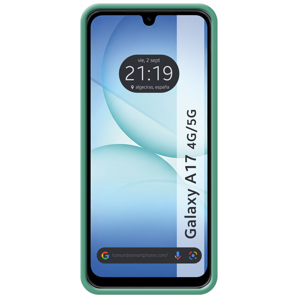 Custodia verde per telefono con smartphone che mostra ora e posizione. Il telefono è etichettato come Galaxy A17 4G/5G.