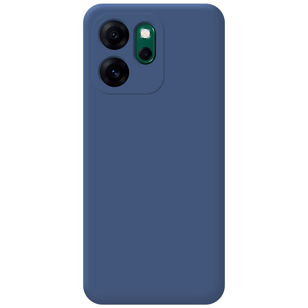 È mostrata una custodia blu per telefono con tre obiettivi della fotocamera. Lo sfondo è semplice.