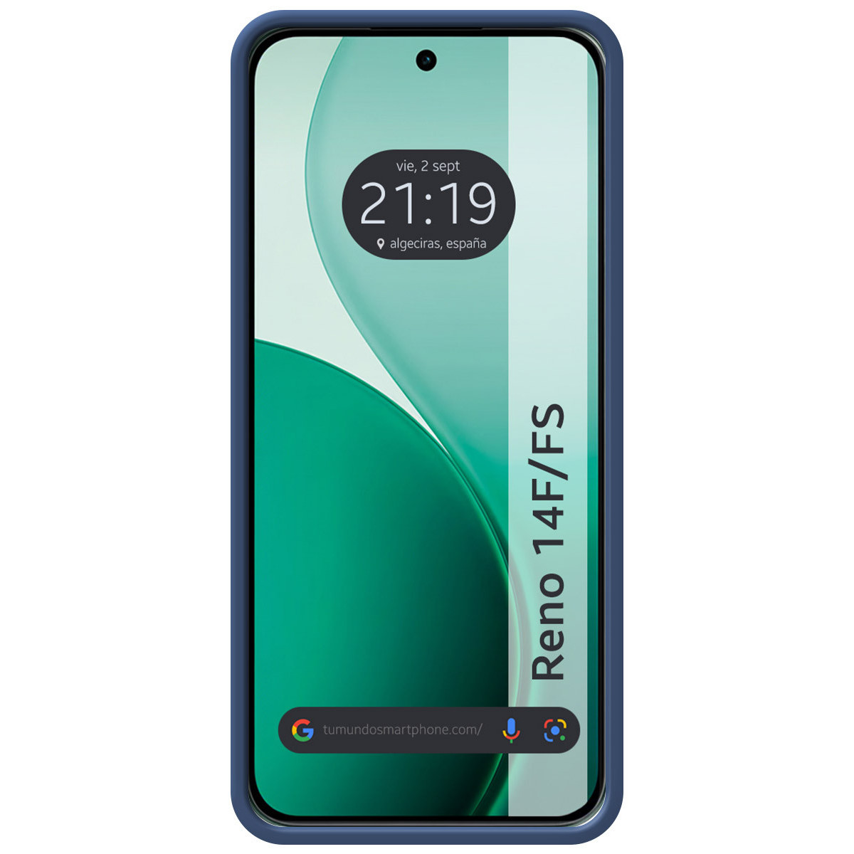 Uno smartphone mostra una schermata di blocco con ora, data e posizione. Il telefono è in una custodia blu e ha il testo Reno 14F/FS.
