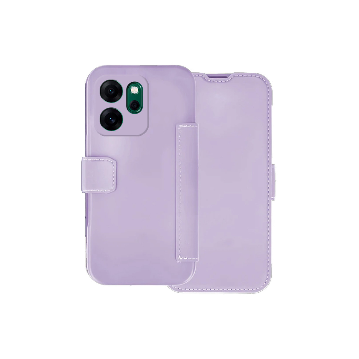 Una custodia per telefono lilla chiaro è mostrata aperta. Ha una chiusura magnetica. La custodia del telefono ha dei fori per la fotocamera.