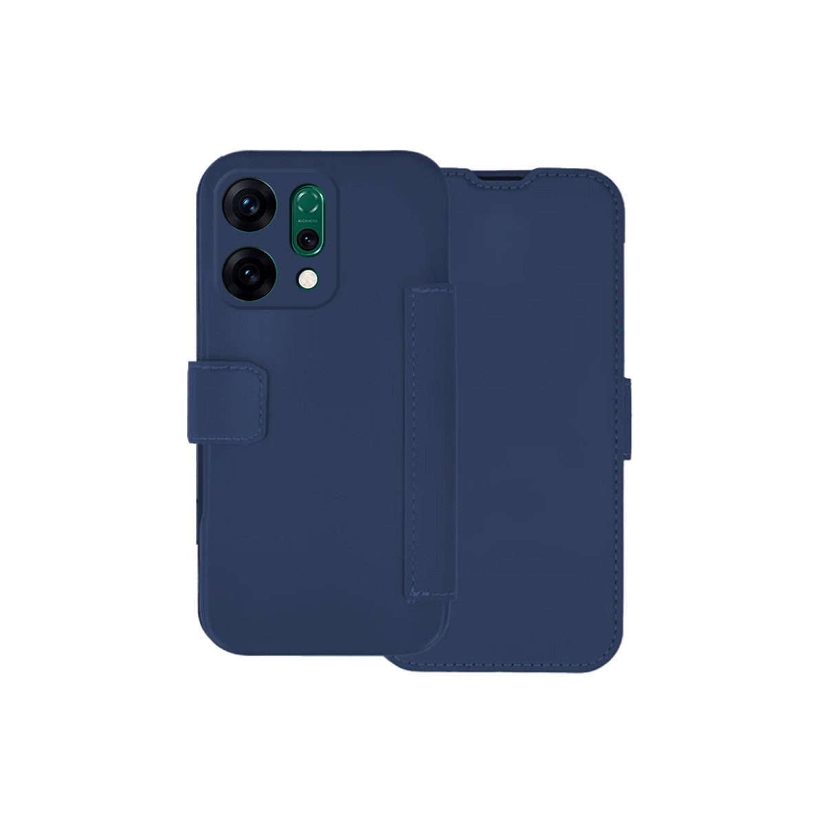 Una custodia blu per telefono con copertina a ribalta. La custodia ha un ritaglio per la fotocamera e una chiusura magnetica. Lo sfondo è bianco.
