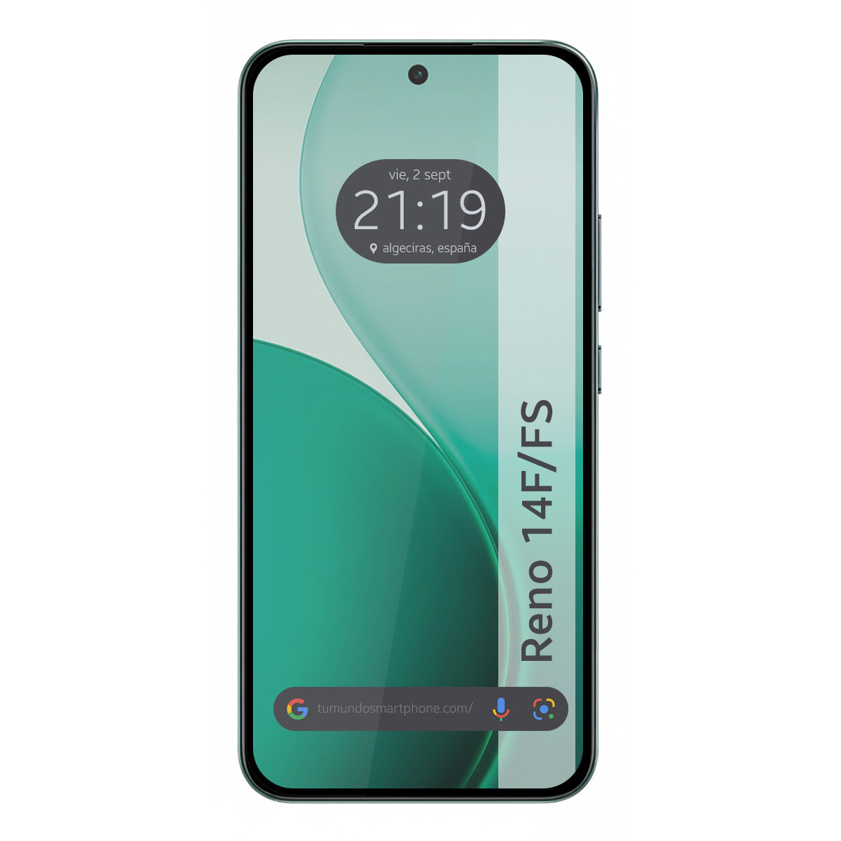 Lo schermo di uno smartphone mostra l'ora, la data e la posizione. Ha uno sfondo verde con un design curvo. La cornice del telefono è verde.