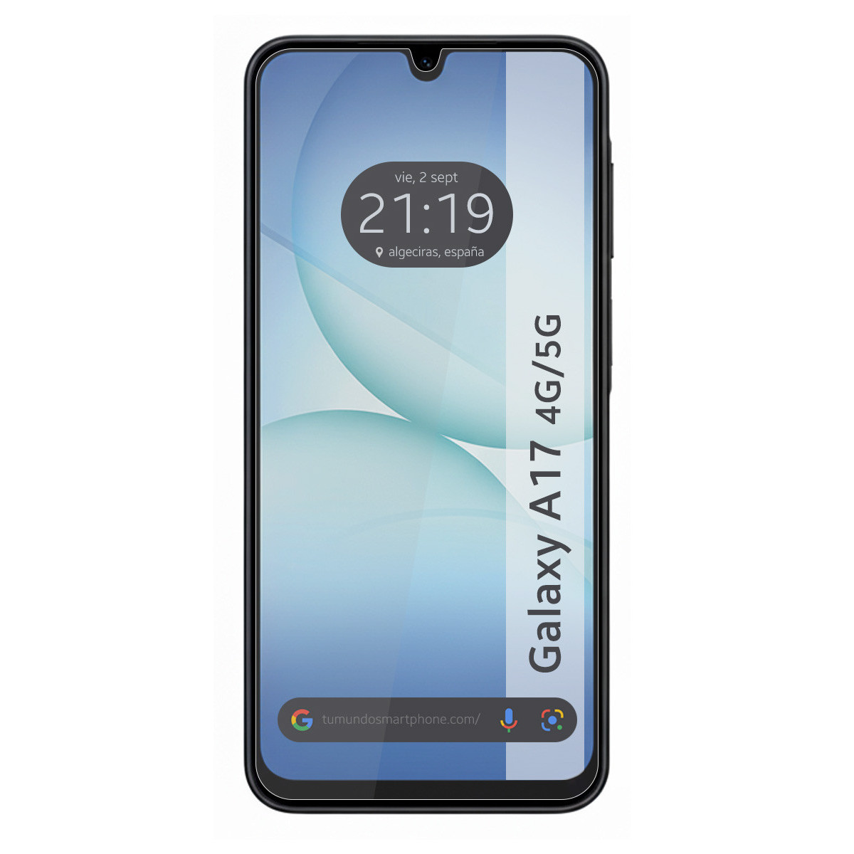 Un telefono Galaxy A17 4G/5G mostra l'ora: 21:19, data e posizione ad Algeciras, Spagna. Lo schermo è blu.