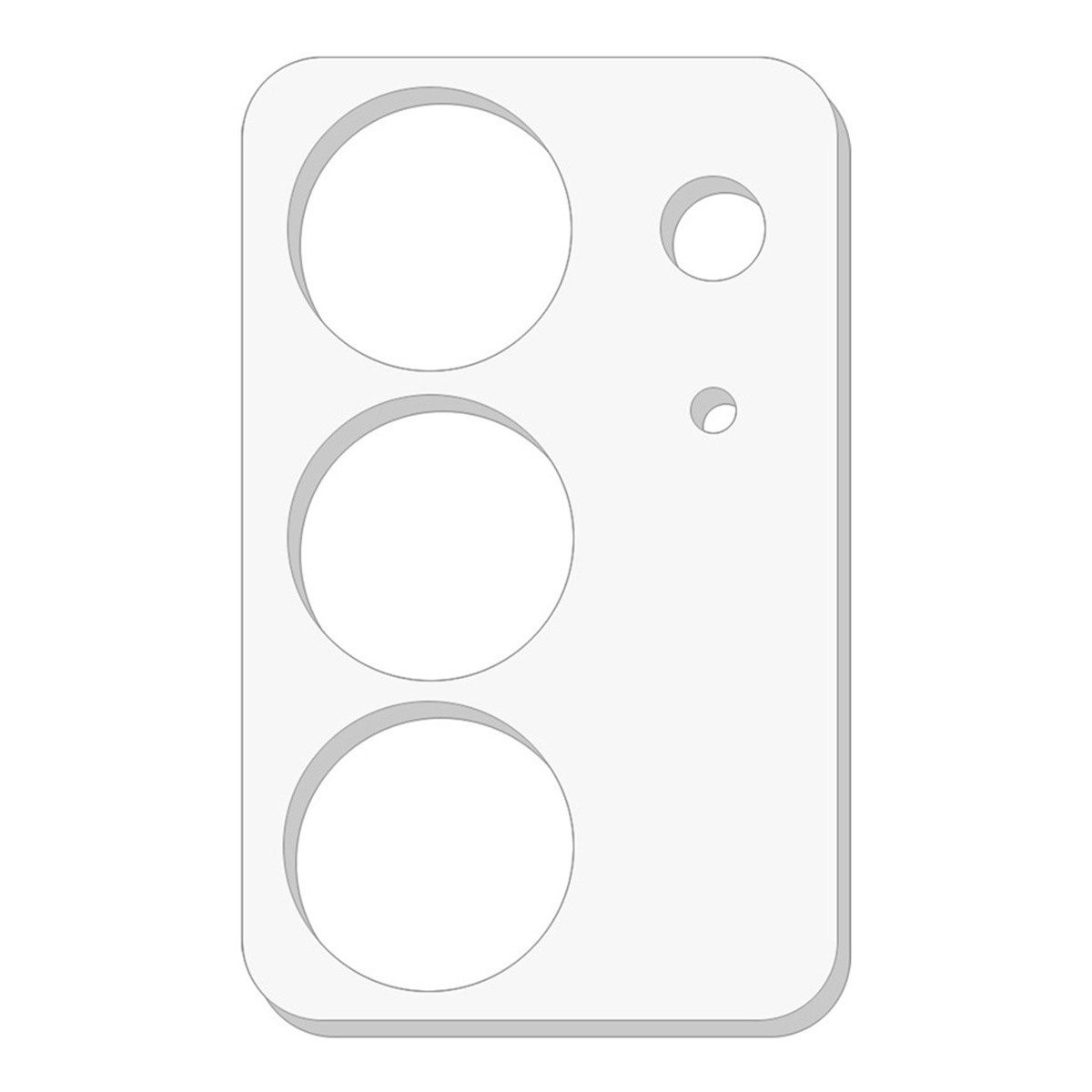 Un oggetto rettangolare grigio chiaro con tre cerchi grandi e due piccoli, probabilmente un modulo fotocamera del telefono.