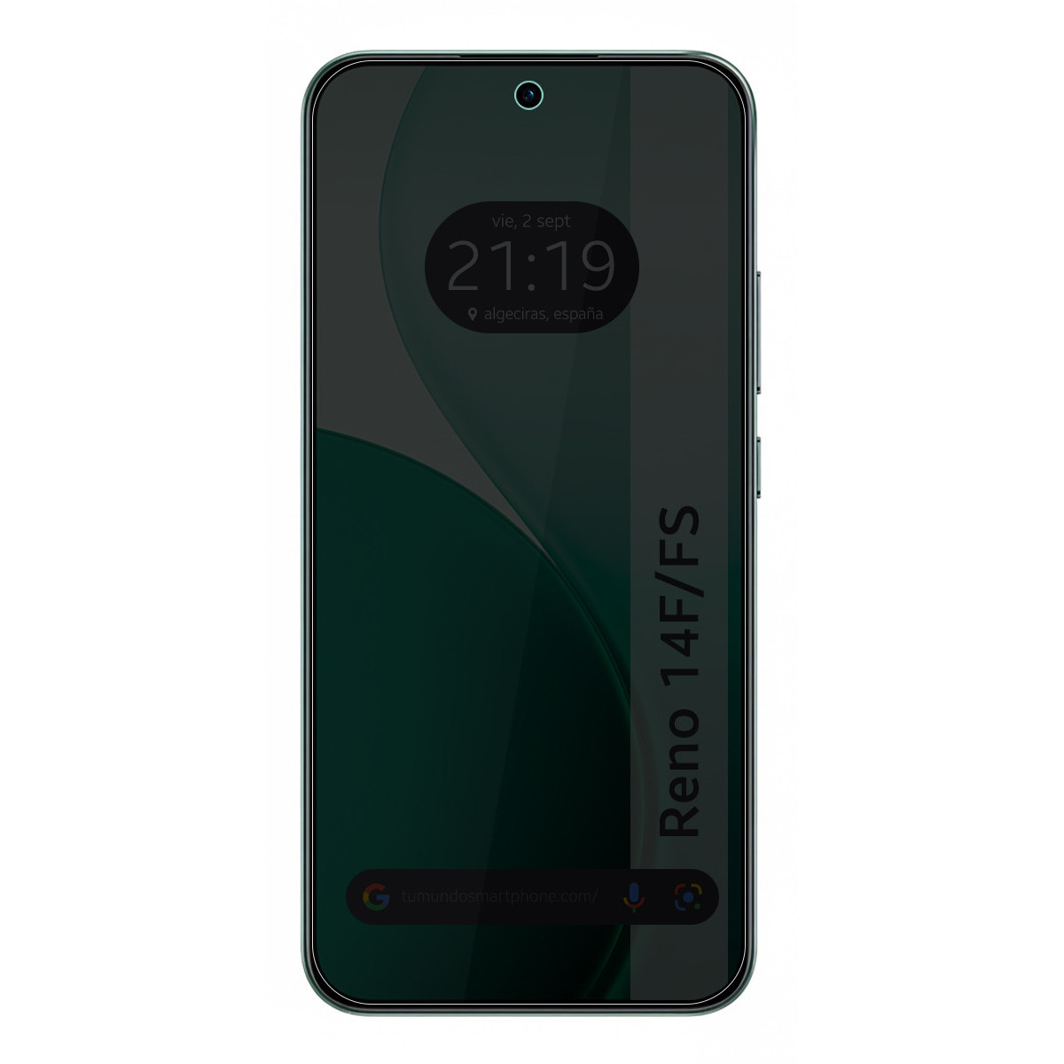 Pantalla de smartphone mostrando la hora y fecha: 21:19, 2 de septiembre, en Algeciras, España. El teléfono es verde, modelo Reno 14F/FS.