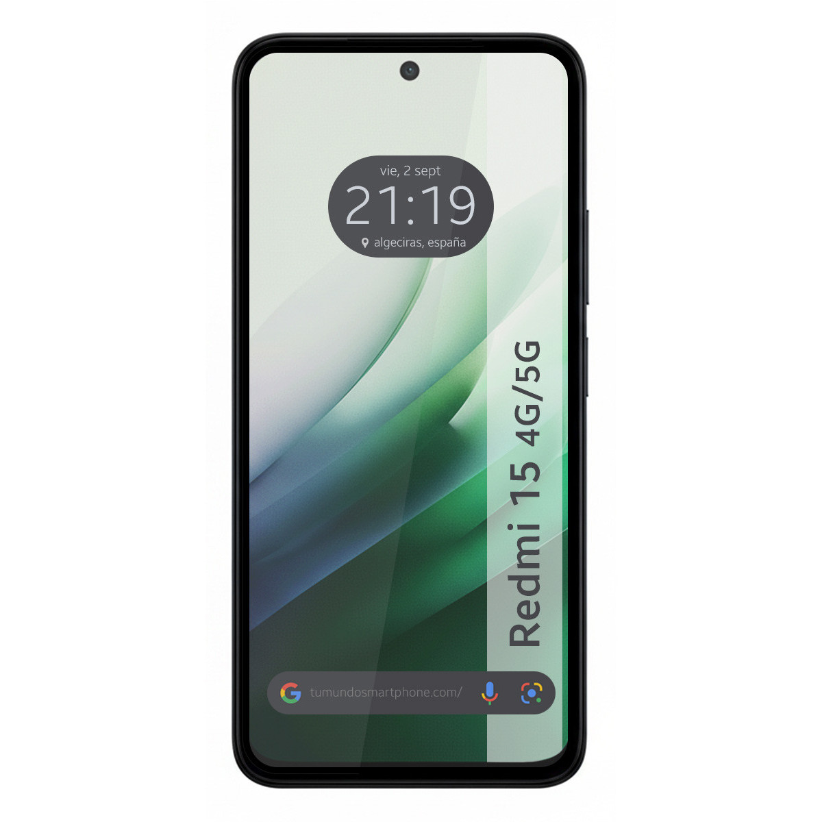 Schermo di uno smartphone che mostra ora, data e posizione. Il modello è Redmi 15 4G/5G, con sfondo bianco e verde.