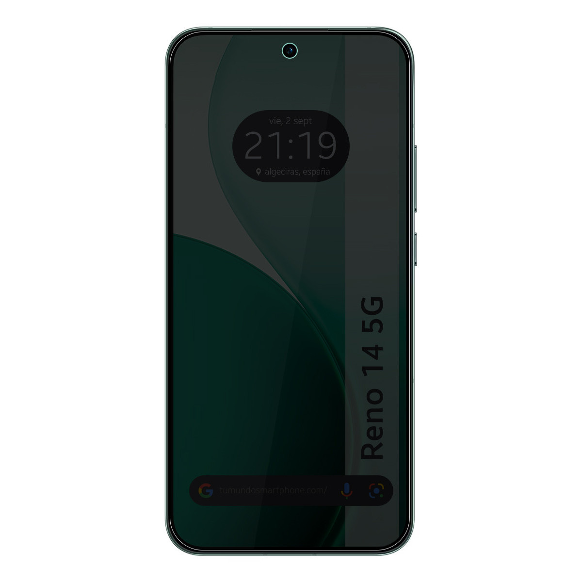 Un smartphone con pantalla oscura muestra la hora y la fecha. El teléfono está etiquetado como 'Reno 14 5G' y tiene una barra de búsqueda en la parte inferior.