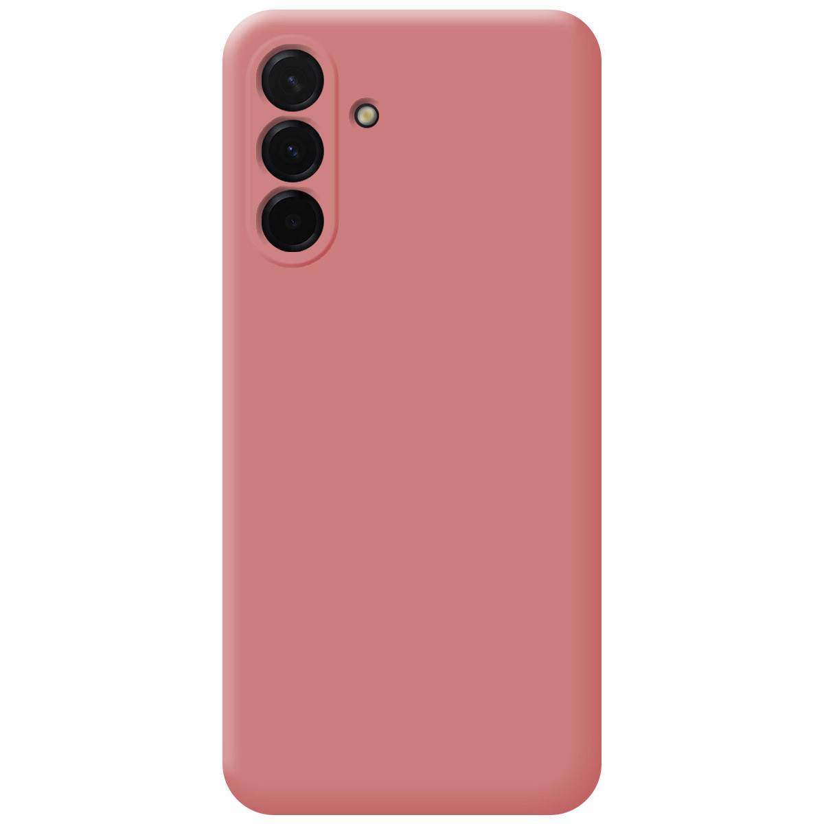 Una custodia per telefono color rosa con tre obiettivi della fotocamera e un flash. La custodia ha angoli arrotondati e una consistenza liscia.