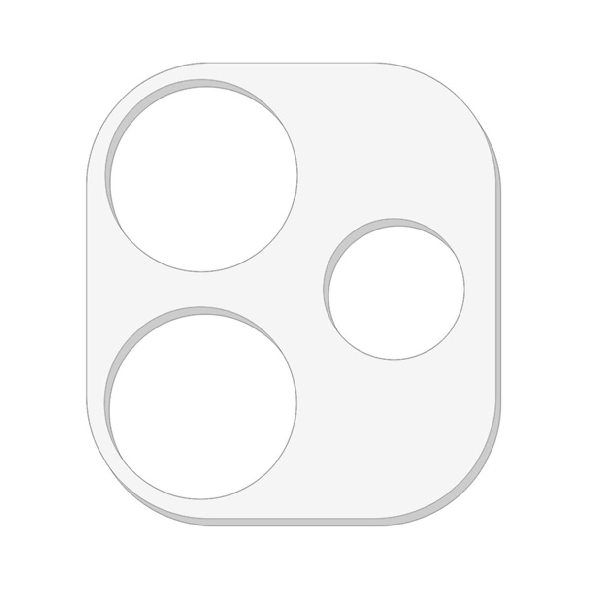 Un protector de cámara de teléfono blanco con tres agujeros circulares dentro de una forma rectangular redondeada, sobre un fondo blanco.