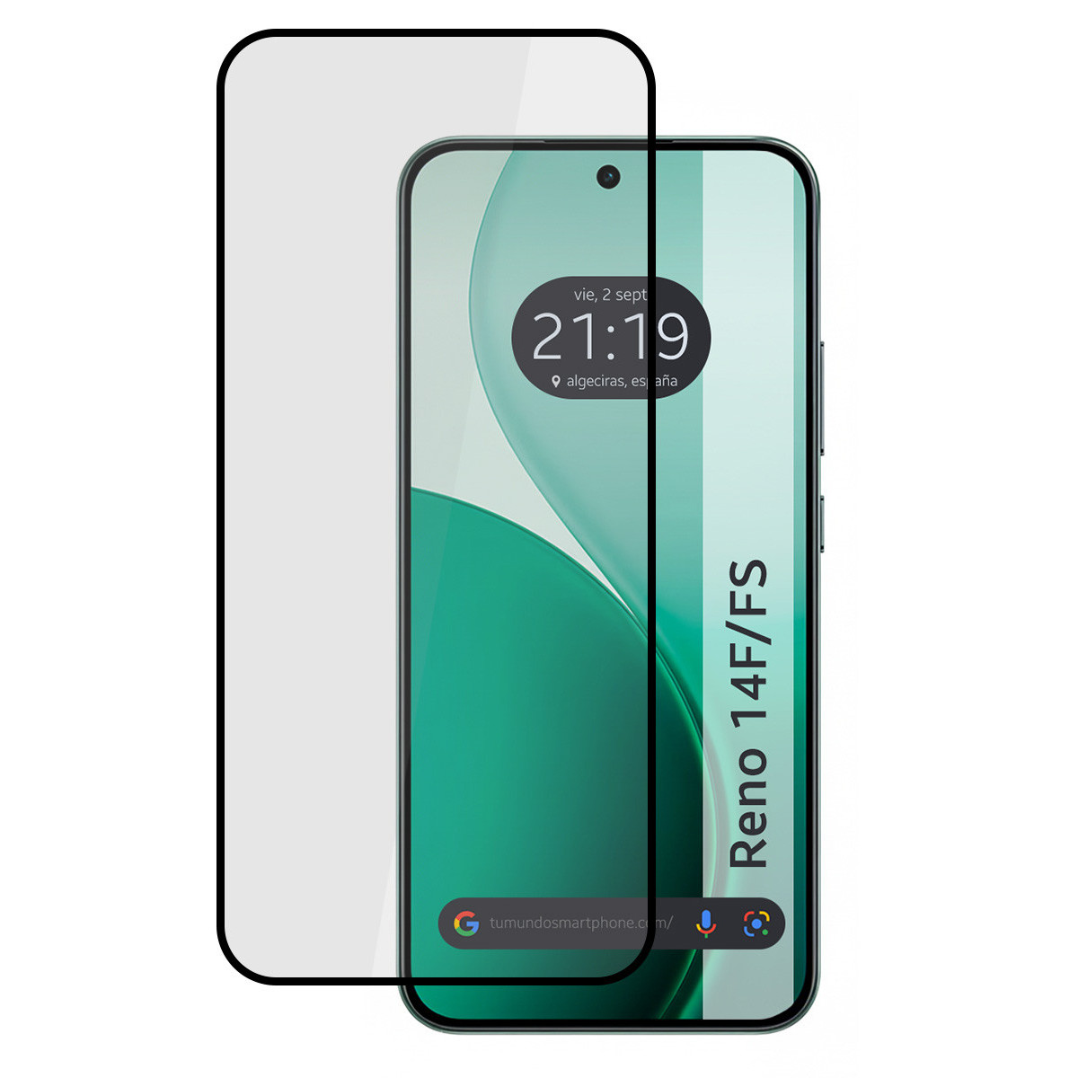 Smartphone con protector de pantalla. El teléfono muestra la hora y la fecha. La marca es Reno 14F/FS.