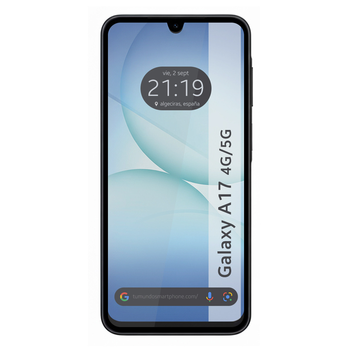 Uno smartphone nero Samsung Galaxy A17 4G/5G che mostra l'ora e la data. Lo schermo mostra uno sfondo azzurro.