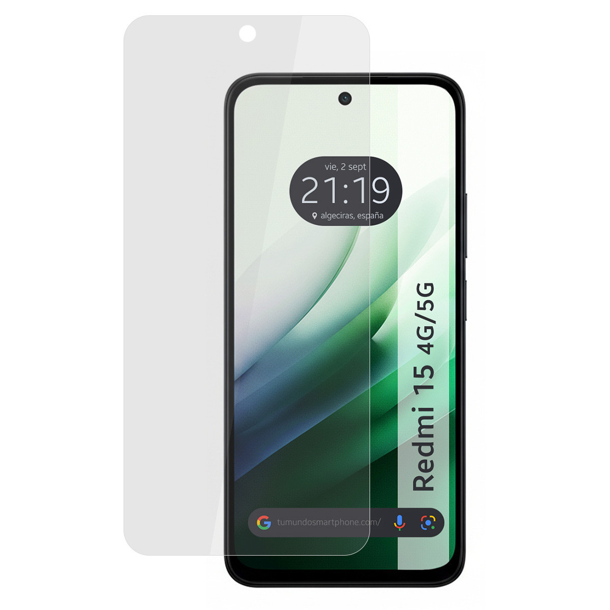 Uno smartphone con protezione schermo, che mostra ora e data. Il telefono è un modello Redmi 15 4G/5G.