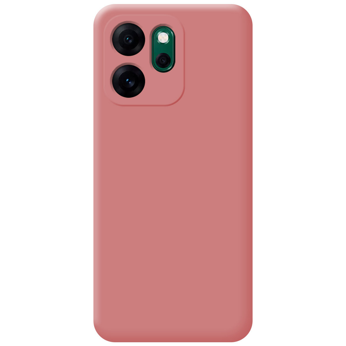 Una funda de teléfono rosa con un módulo de cámara. El módulo tiene 3 lentes, dos negras y una verde.