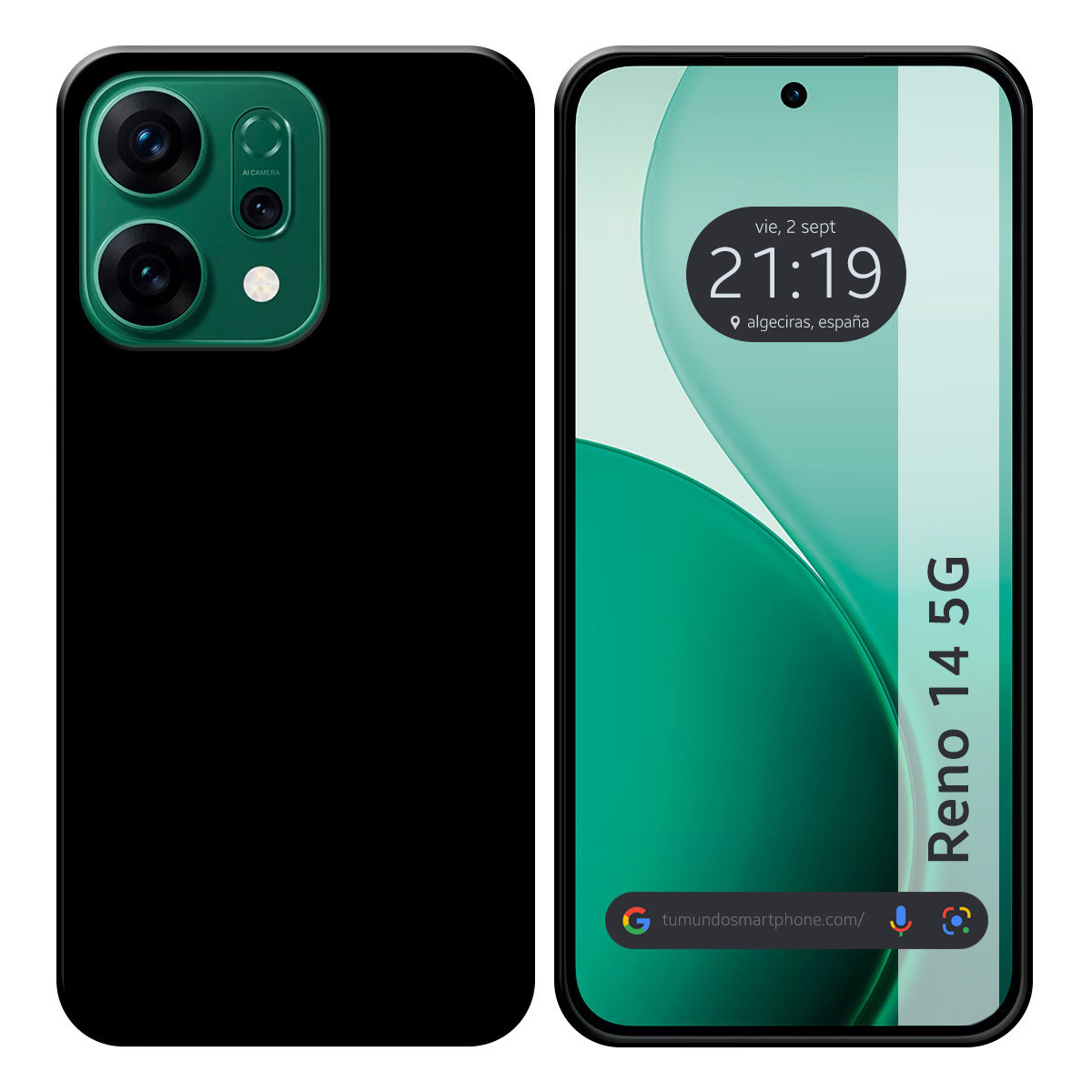 Custodia per smartphone nera con modulo fotocamera verde. Schermo mostra ora, data e testo 'Reno 14 5G'. Barra di ricerca Google in basso.