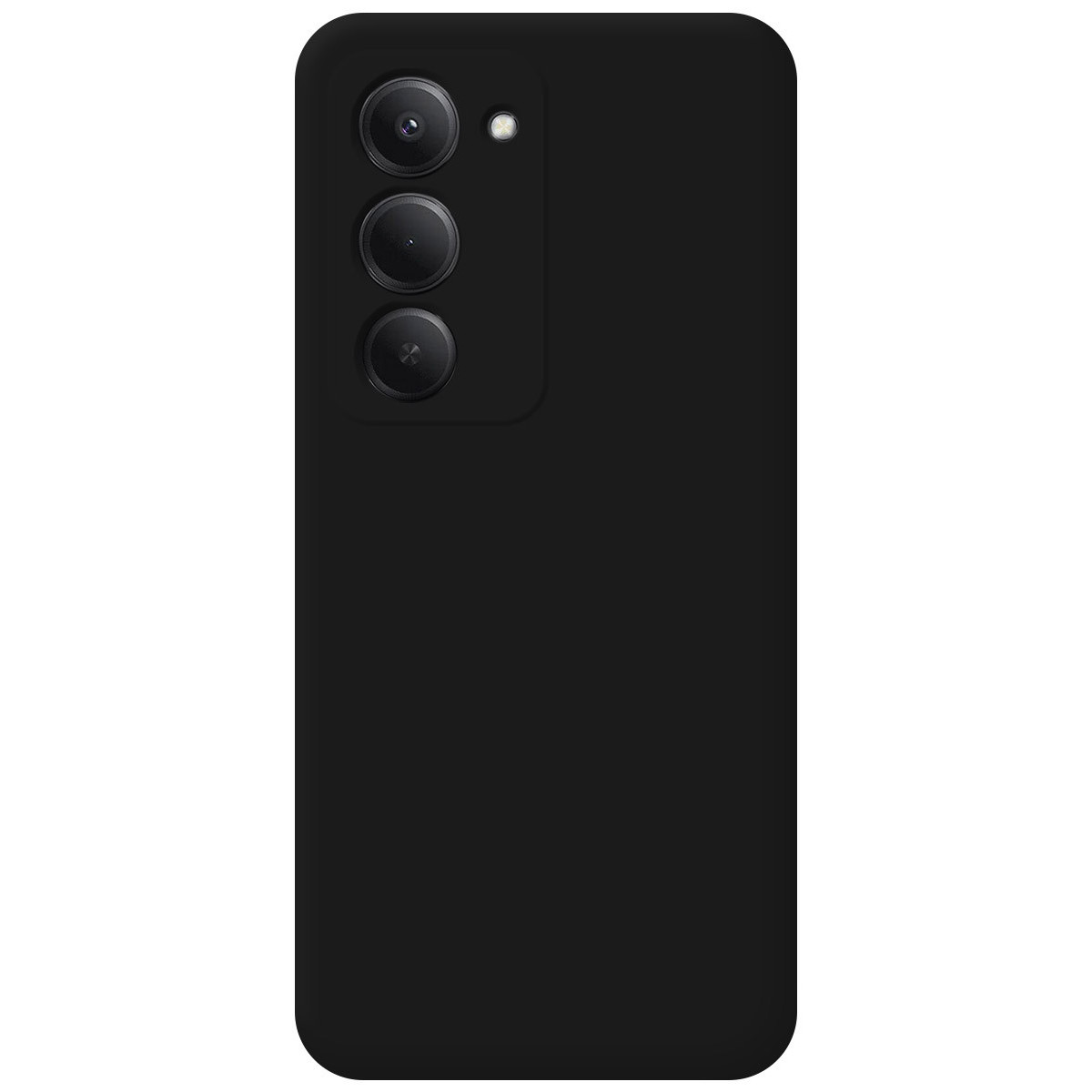 Una custodia nera per telefono con tre obiettivi e un flash. La custodia è di colore nero pieno. È in posizione verticale.
