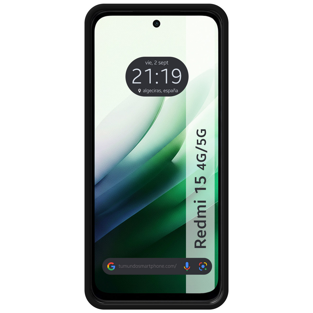 Uno smartphone con cornice nera, che mostra l'ora 21:19, la data e il testo 'Redmi 15 4G/5G'. Lo sfondo presenta vortici verdi.