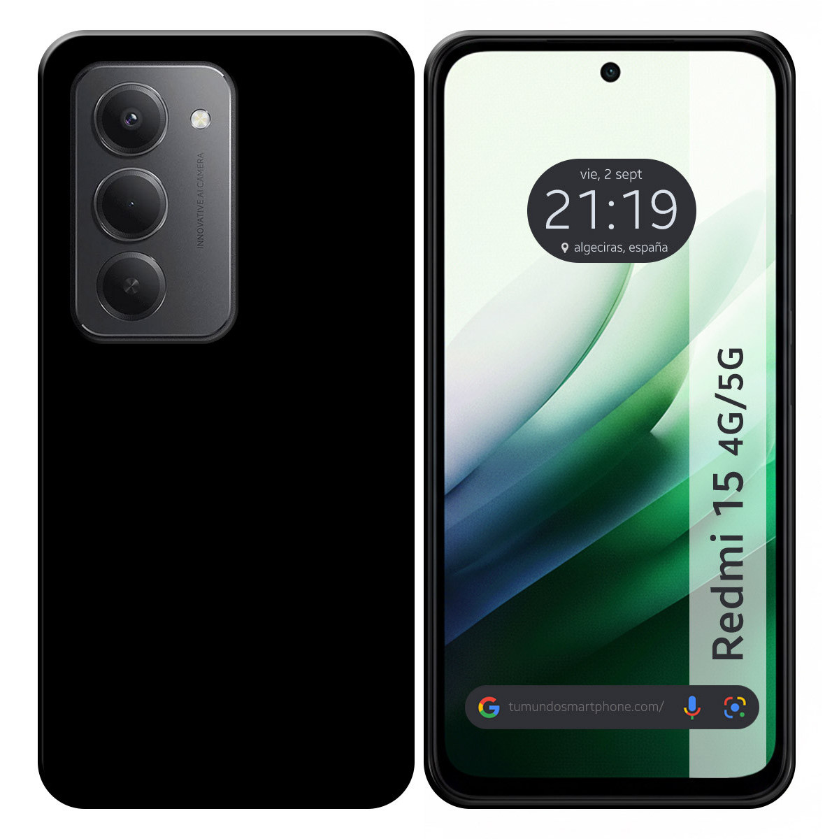 Smartphone nero, lo schermo anteriore mostra l'ora e la data. Il retro ha un modulo fotocamera. Testo sullo schermo: Redmi 15 4G/5G.