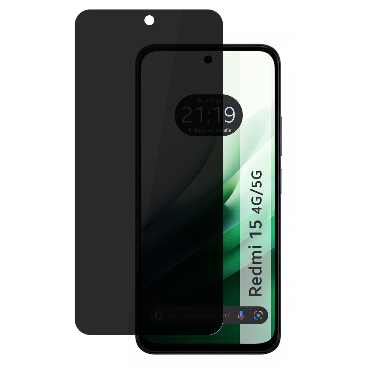 Uno smartphone con protezione schermo. Lo schermo mostra l'ora e le parole Redmi 15 4G/5G.
