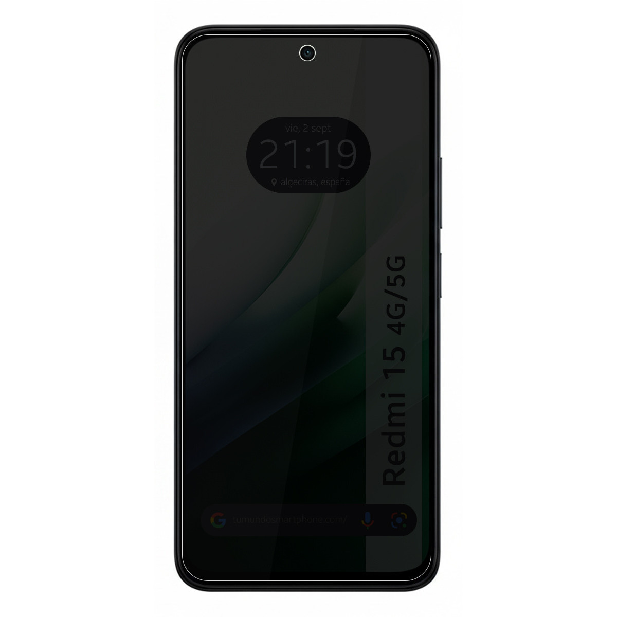 Un telefono Redmi 15 nero mostra un orologio (21:19) e una posizione. Lo schermo ha un design curvo e il lato del telefono dice 'Redmi 15 4G/5G'.
