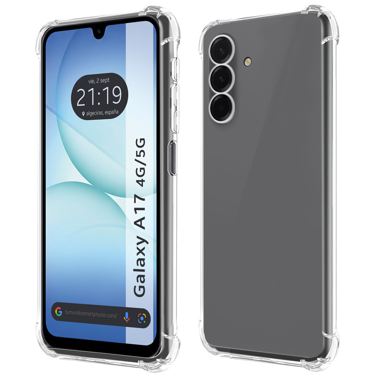 Dos vistas de smartphone. Una muestra la pantalla con la hora y la fecha, la otra la parte trasera con cámaras, ambas en fundas transparentes.