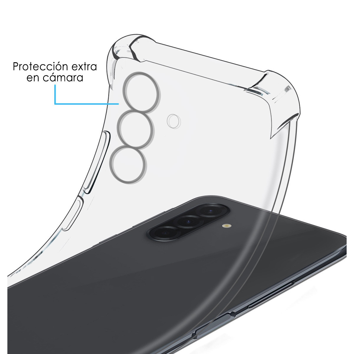 Funda transparente para teléfono sobre un teléfono negro. La funda tiene protección adicional para la cámara, resaltada por texto. Fondo blanco.