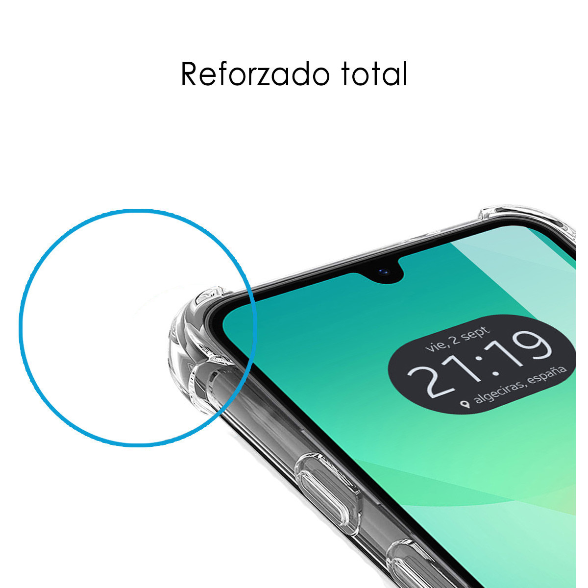 Se muestra un teléfono con una funda transparente. La pantalla muestra la fecha y hora. Un círculo azul rodea una parte del teléfono.
