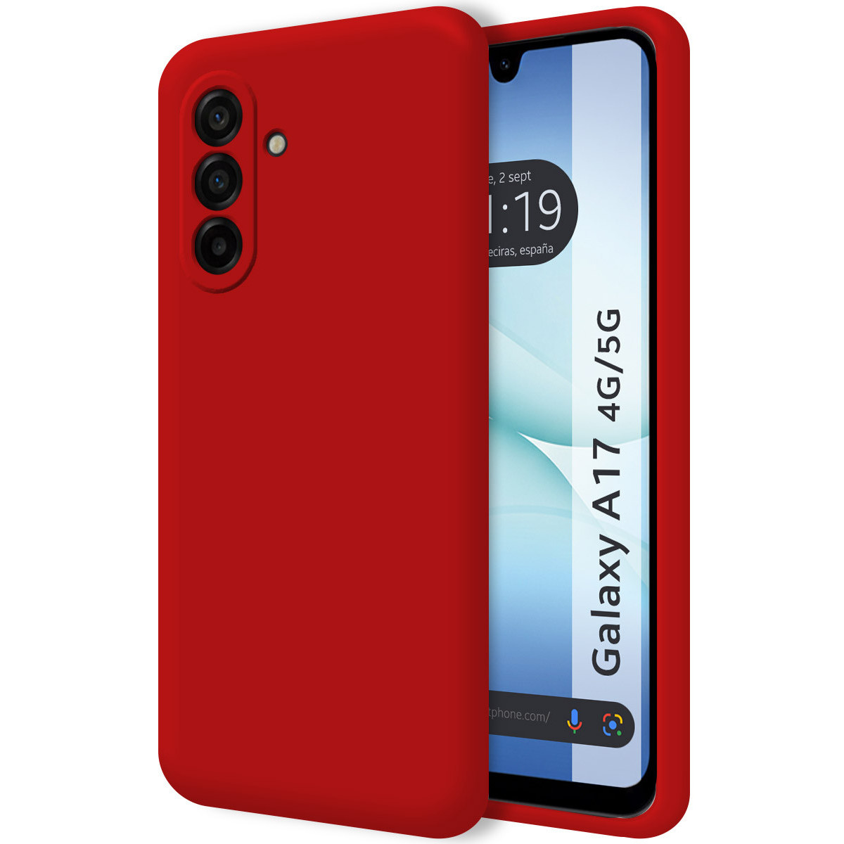 Una custodia rossa copre parzialmente un telefono Samsung Galaxy A17 4G/5G. Lo schermo mostra la data e l'ora.