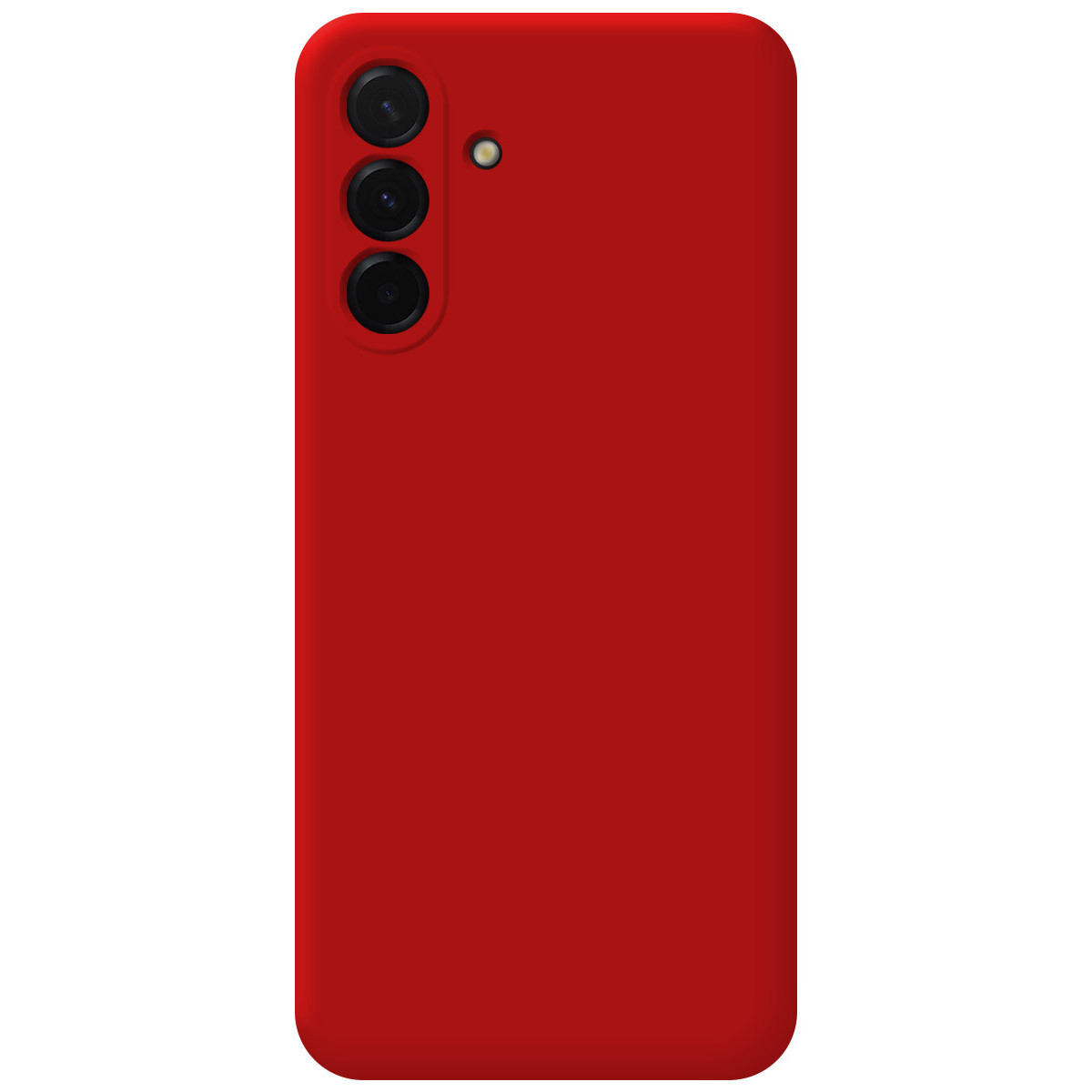 Una custodia rossa per telefono con tre lenti per fotocamera e un flash laterale. Lo sfondo è bianco.