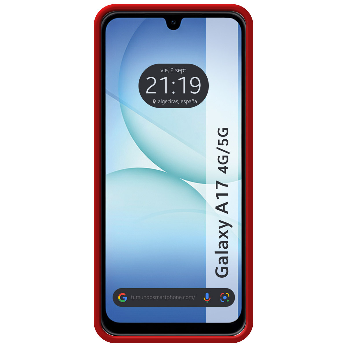 Uno smartphone Galaxy A17 4G/5G con cornice rossa mostra ora, data e luogo. Lo schermo presenta uno sfondo astratto bianco e blu.