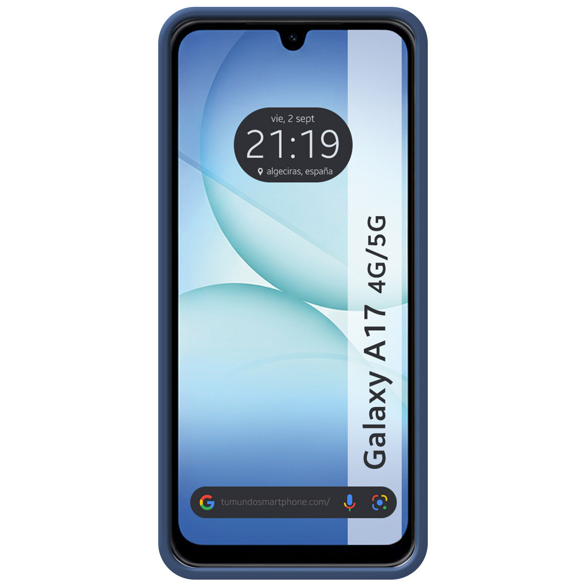 Un teléfono azul Samsung Galaxy A17 4G/5G muestra la hora, la fecha y la ubicación en su pantalla. El teléfono tiene una funda azul.