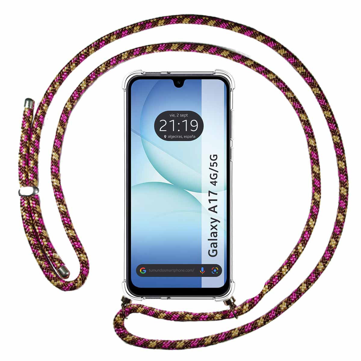 Uno smartphone con custodia trasparente e cordino fantasia. Il telefono mostra ora e luogo. Il cordino è rosa, marrone e oro.