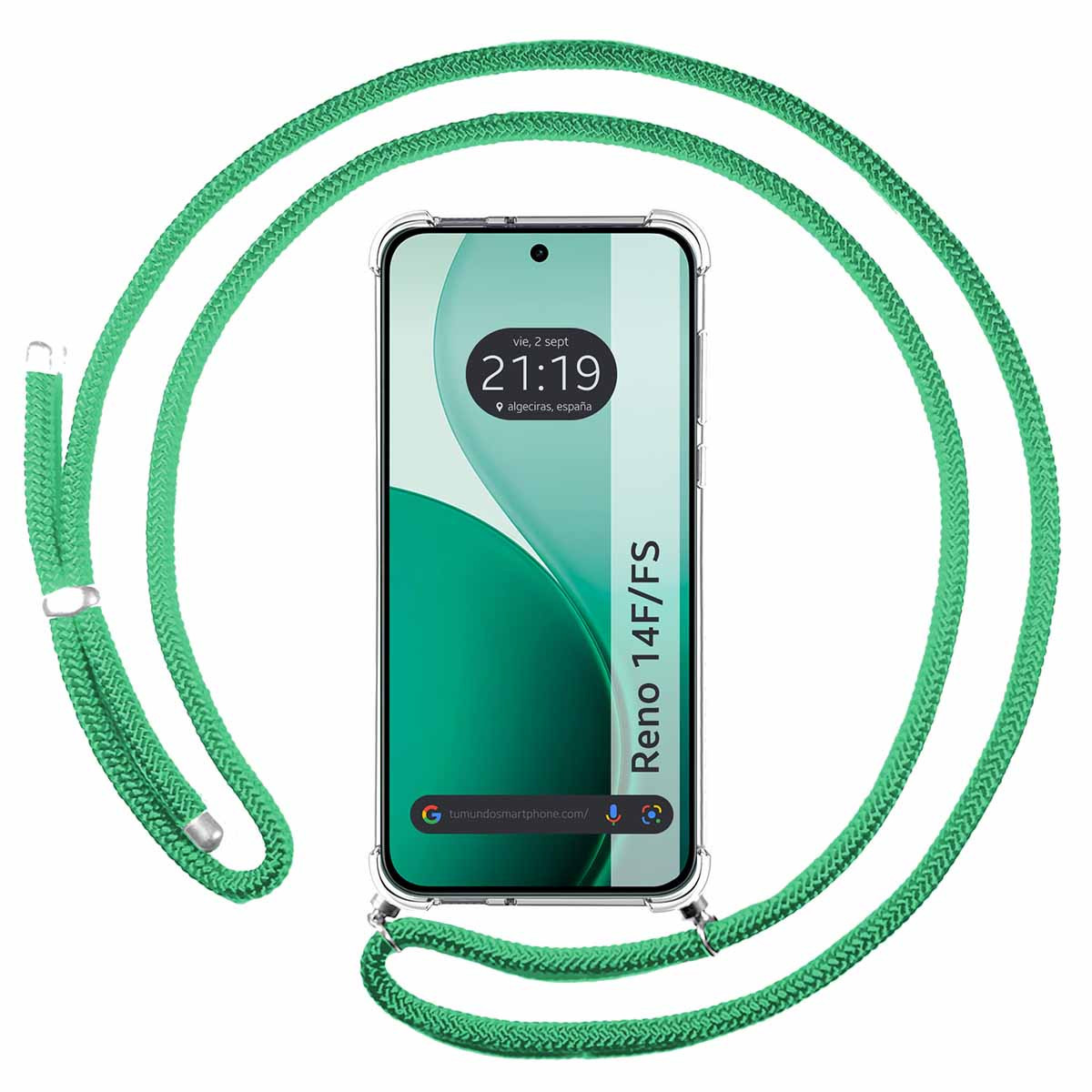 Uno smartphone con un cordino verde. Il telefono mostra l'ora. Il telefono è in una custodia trasparente. Lo sfondo è bianco.