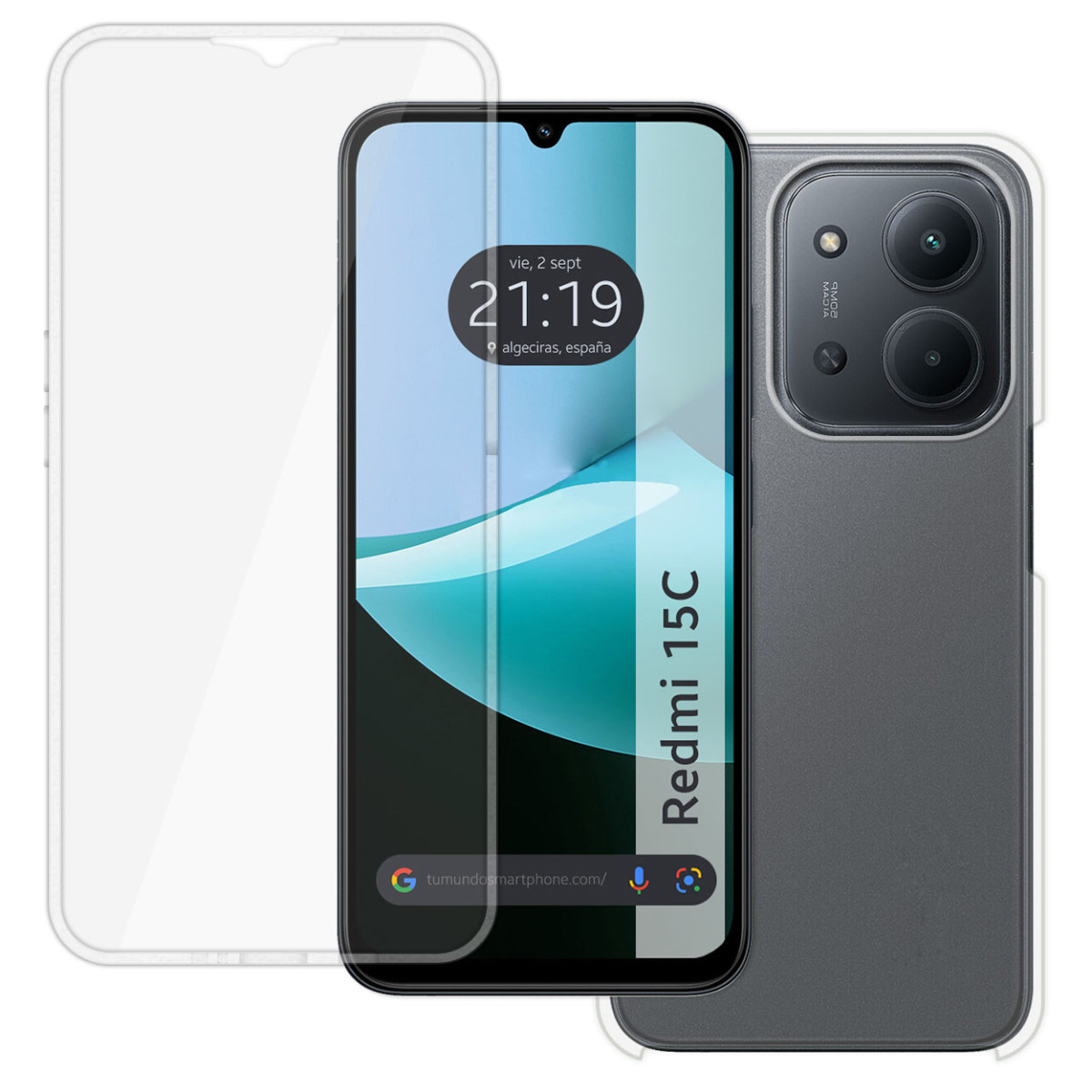 Uno smartphone con protezione schermo e custodia. Il telefono mostra l'ora e il luogo. Il marchio è Redmi 15C.
