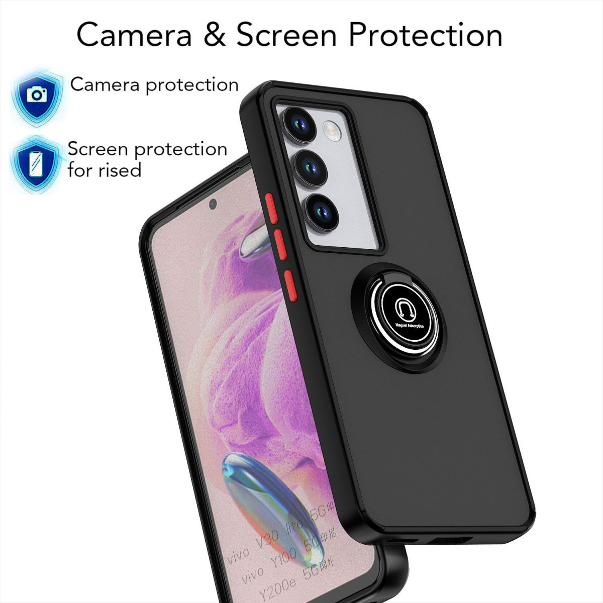 Custodia nera per telefono con funzioni di protezione della fotocamera e dello schermo. Un telefono è all'interno della custodia. Il testo include 'Protezione fotocamera e schermo'.