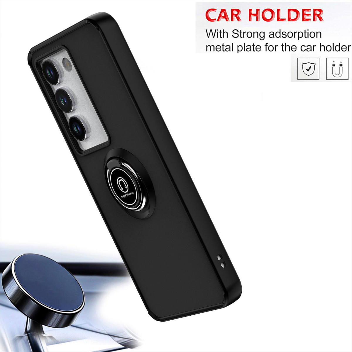 Una custodia nera per telefono con anello, supporto per auto e testo 'CAR HOLDER'.