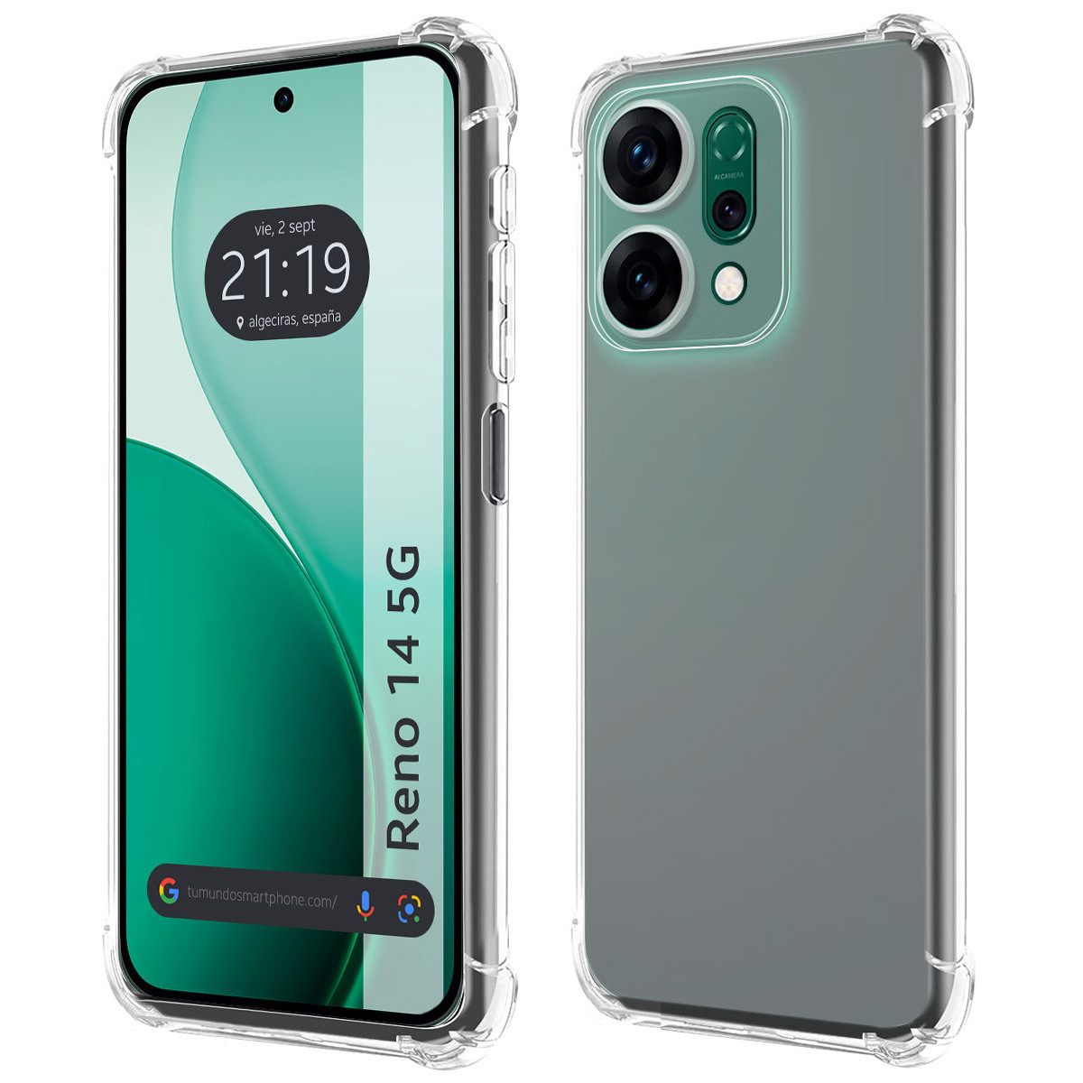 Uno smartphone in una custodia trasparente, che mostra lo schermo e il retro. Lo schermo mostra l'ora e un design verde, Reno 14 5G.
