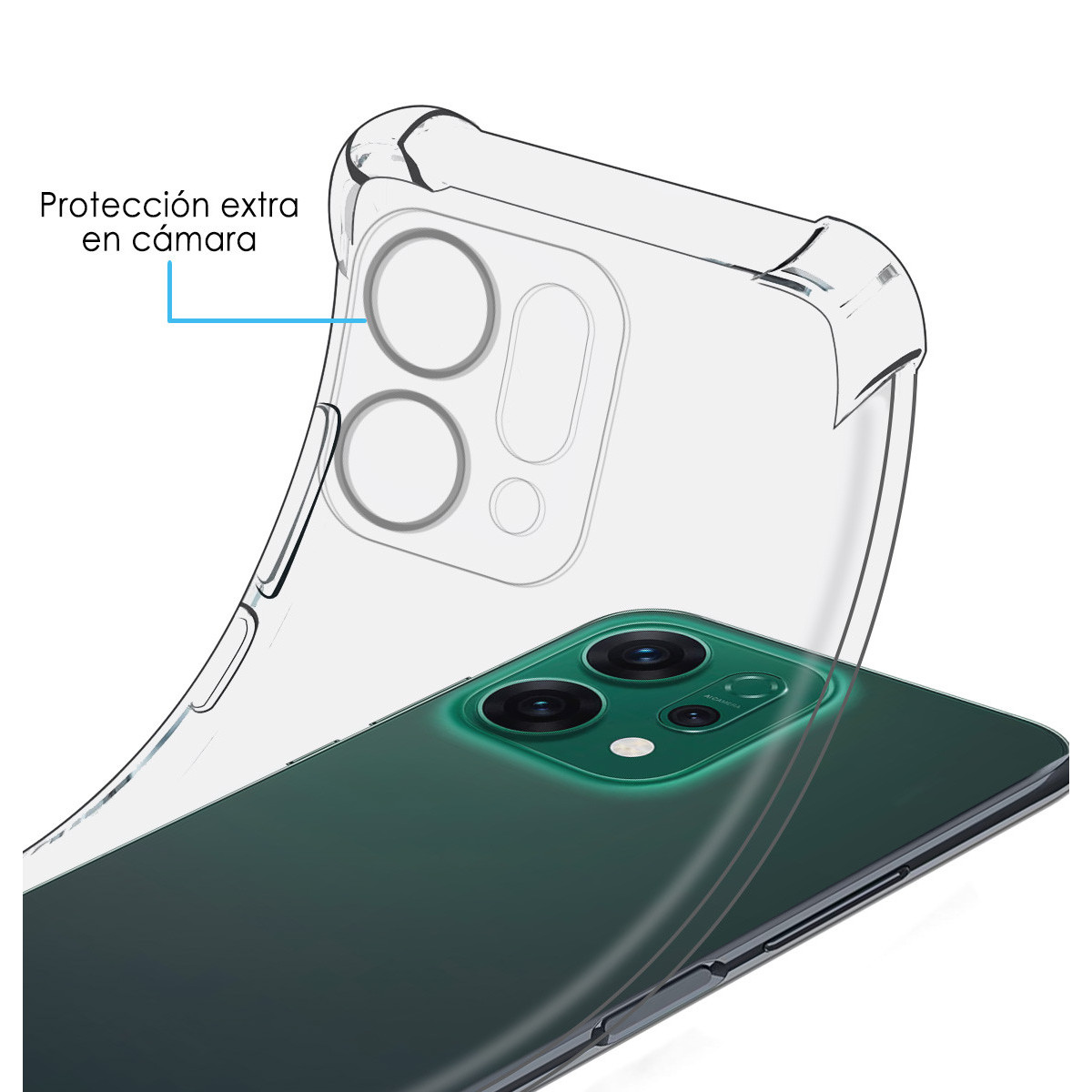 Una custodia trasparente per telefono su un telefono verde. La custodia ha una protezione per la fotocamera. Le lenti della fotocamera del telefono sono visibili.