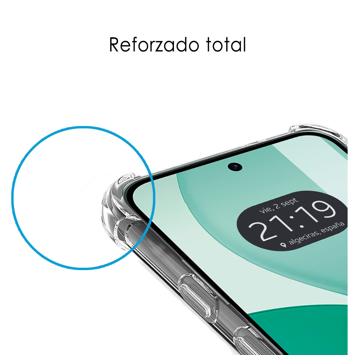 Uno smartphone in una custodia trasparente. Lo schermo mostra un orologio: 21:19, venerdì 2 settembre, posizione: Algeciras, Spagna.
