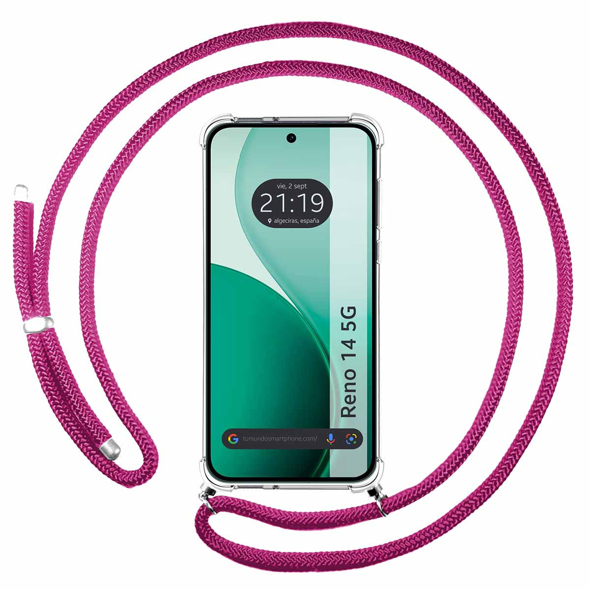 Uno smartphone con custodia trasparente e cordino rosa. Lo schermo mostra l'ora e il luogo. Il telefono è etichettato come Reno 14 5G.