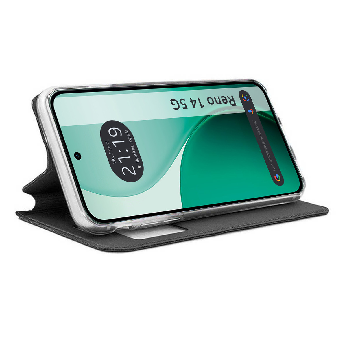 Un smartphone con funda transparente, mostrando una pantalla verde. Está apoyado en una funda tipo cartera negra, sobre fondo blanco.