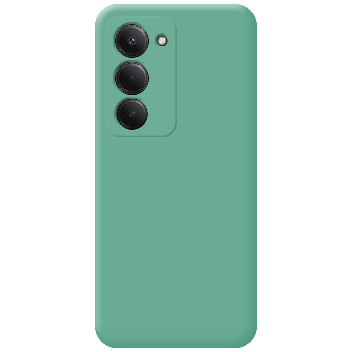 Una custodia per telefono color verde acqua con tre lenti della fotocamera impilate verticalmente e un flash. La custodia è rettangolare con angoli arrotondati.