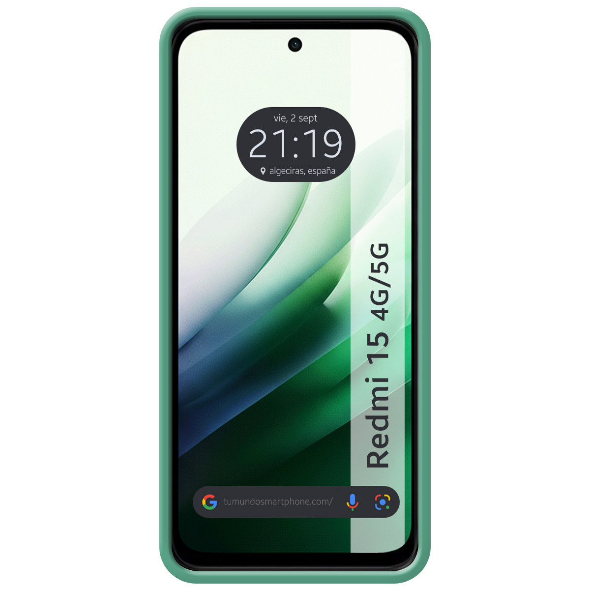 Uno smartphone verde che mostra una schermata di blocco con ora e data. Il telefono è etichettato come Redmi 15 4G/5G.