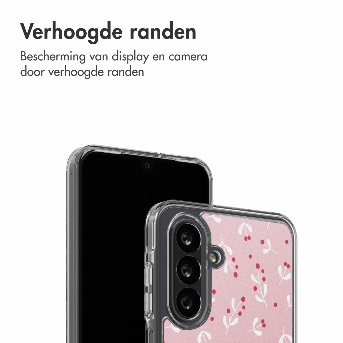 Twee smartphones met transparante hoesjes, één met scherm, de ander met roze bloemdessin.