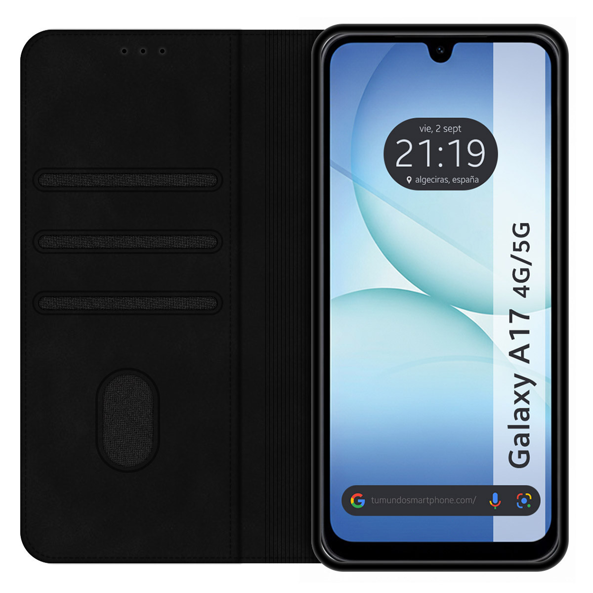 Custodia nera per telefono con un telefono Samsung Galaxy A17 4G/5G. Lo schermo mostra l'ora e il luogo. La custodia è aperta.