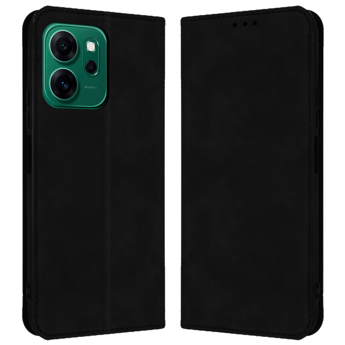Custodia nera per telefono, aperta, che mostra il modulo fotocamera. La custodia è chiusa a destra. Il modulo ha un contorno verde.